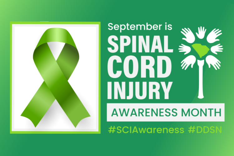 Spinal Cord Injury awareness picture.  Shows green ribbon stating September is spinal cord injury awareness month. 